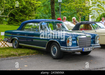 BADEN BADEN, GERMANY - JULY 2019: blue MERCEDES-BENZ W111 280SE 280 SE coupe 1961 1971, oldtimer meeting in Kurpark.