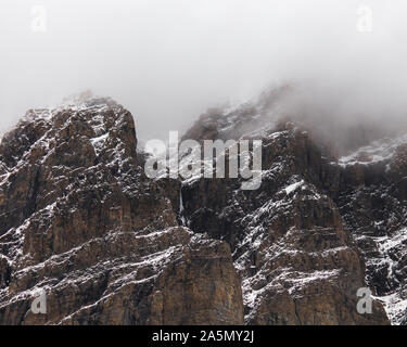 Foggy Snow Covered Mountain Tops in Jasper Alberta Canada Stock Photo