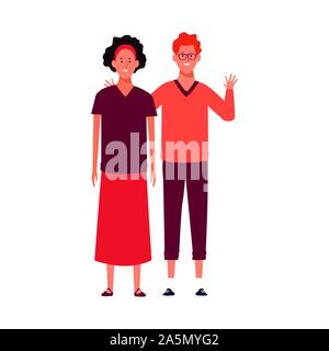 cartoon young couple waving, colorful design Stock Vector