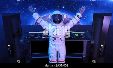 DJ astronaut, disc jockey spaceman playing music on turntables, cosmonaut on stage with deejay audio equipment, rear view, 3D rendering Stock Photo