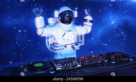 DJ astronaut, disc jockey spaceman with hands up playing music on turntables, cosmonaut on stage with deejay audio equipment, 3D rendering Stock Photo