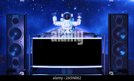 DJ astronaut, disc jockey spaceman with hands up playing music on turntables, cosmonaut on stage with deejay audio equipment, front view, 3D rendering Stock Photo