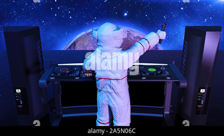 DJ astronaut, disc jockey spaceman with microphone playing music on turntables, cosmonaut on stage with deejay audio equipment, back view, 3D renderin Stock Photo