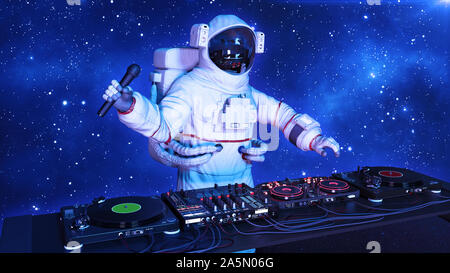 DJ astronaut, disc jockey spaceman with microphone playing music on turntables, cosmonaut on stage with deejay audio equipment, close up view, 3D rend Stock Photo