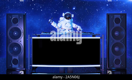 DJ astronaut, disc jockey spaceman with microphone playing music on turntables, cosmonaut on stage with deejay audio equipment, front view, 3D renderi Stock Photo