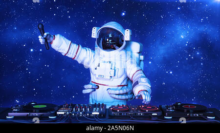 DJ astronaut, disc jockey spaceman holding microphone and playing music on turntables, cosmonaut on stage with deejay audio equipment, 3D rendering Stock Photo