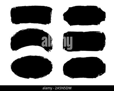 Set of six hand drawn abstract black paint labels or frames. Vector collection of shapes isolated on white background. Design elements for labels Stock Vector