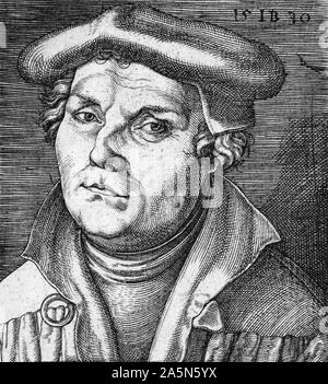 1530 Engraving of Martin Luther (1483-1546), German professor, theologian, and key figure in the Protestant Reformation, as well as a translator of the Bible into the German vernacular. Stock Photo