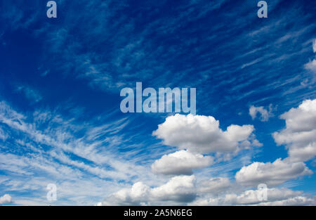Fluffy white cumulus  cumulostratus cloud formations on a spring afternoon are contrasted against the azure blue Australian sky with a dreamy theme. Stock Photo