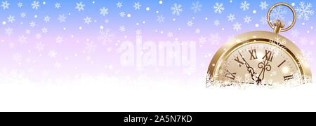 Pocket watch on a background of snowflakes. Winter background with a clock and snowflakes. Greeting card for Christmas and New Year. Stock Vector