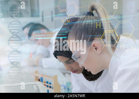 Weighting of ascorbic acid in chemical laboratory.Two multiethnic young female scientists doing experiments in laboratory. Stock Photo