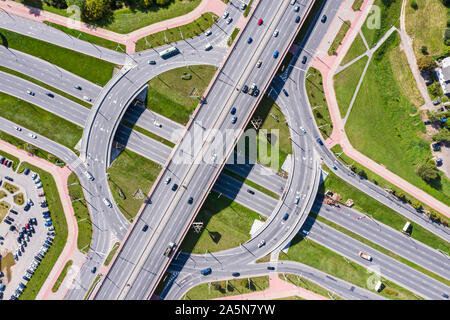 aerial top down view of roundabout with cars traffic in the city Stock Photo