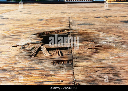 Plywood decking damage and water stains from rain water standing, leaking on roof sheathing near downspout hole. Flat roof inspection, repair Stock Photo