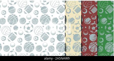 many ball sport backdrop vintage color style, seamless vector set Stock Vector
