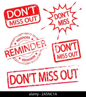 don't miss out and reminder stamp label, vector set vintage style Stock Vector