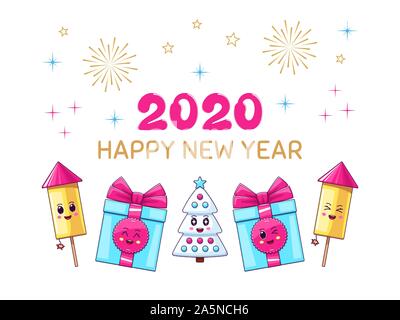 Happy New 2020 Year, Cartoon scene of Festive Greeting. Joyful holiday Composition with Text, Kawaii Fireworks, Christmas tree, Gift Boxes, on White B Stock Vector