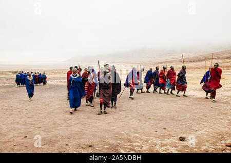 JUN 24, 2011 Serengeti, Tanzania - Group of African Masai or Maasai tribe  in red and blue cloth dancing on dusty ground in village. Ethnic group of N Stock Photo
