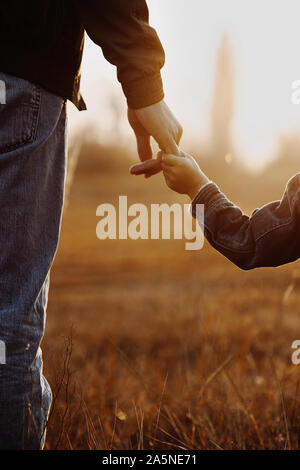 Colse up view of father and son holding hands in backlight Stock Photo