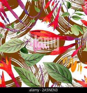 Red fuchsia floral botanical flowers. Watercolor background illustration set. Seamless background pattern. Stock Photo