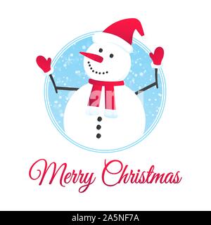 The snowman with hat, gloves, with falling snow flat style design vector illustration. Merry christmas and happy new year symbols postcard with text. Stock Vector