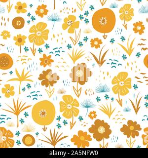 Orange Yellow Teal Autumn florals Scandinavian style seamless vector pattern. Flat stylized flowers and leaves repeating background. For fabric Stock Vector