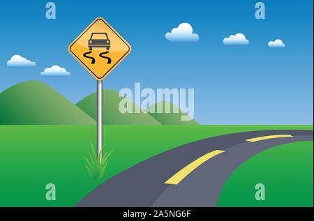 slippery sign road beside street on green grass, mountain view, blue sky and cloud in bright day, vector illustration Stock Vector