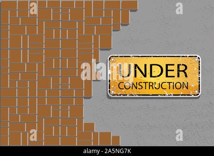 under construction sign on cement wall and modern brick, interiors safety concept Stock Vector