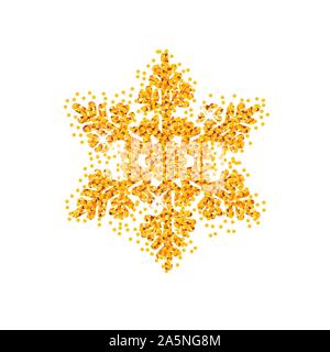 Snowflake with gold glitter texture. Christmas, New Year golden glittering ornament decoration on transparent background with shining sparkling light Stock Vector