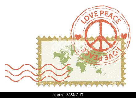 World peace concept, world map in stamp post with peace sign rubber, vintage style Stock Vector