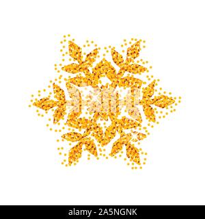 Snowflake with gold glitter texture. Christmas, New Year golden glittering ornament decoration on transparent background with shining sparkling light Stock Vector