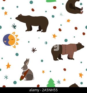 Cute brown bear and hare with carrot. Vector illustration. Seamless pattern background. Stock Vector