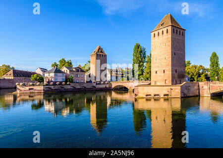 The Ponts Couverts (covered bridges) is a set of bridges and towers over the river Ill in the Petite France historic quarter in Strasbourg, France. Stock Photo