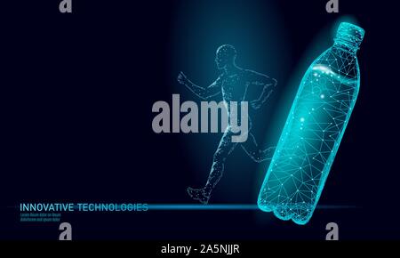 Water aqua bottle jogger rehydration concept. Health care against dehydration isotonic electrolytes drink. Runner sportsman low poly 3D vector Stock Vector