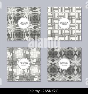 Set of 4 simple abstract frames and seamless patterns. Line badges. Applicable for Posters, Placards, Covers, Cards, Flyers and Banner Designs. Stock Vector