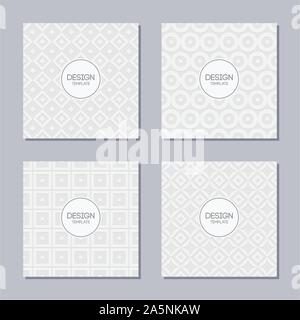 Set of 4 creative covers with abstract geometric pattern. Applicable for Posters, Placards, Covers, Flyers. Vector white and gray backgrounds. Stock Vector