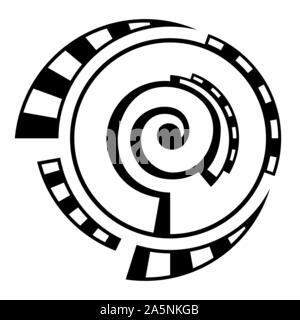 Abstract geometric symbol, isolated on white background. Spiral, round  shape. Spiral element with dashed, segmented lines. Linear logo. Stock Vector