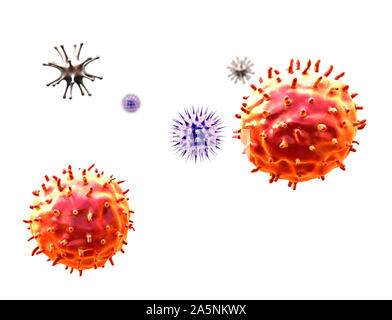 lymphocytes and viruses, cancer cell, 3d rendered cancer cell, Cancer cell and Lymphocytes,T-lymphocytes attack a migrating cancer cell, Stock Photo