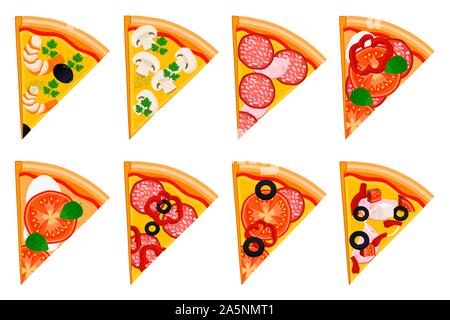 Vector illustration logo for whole round hot pizza, slice triangle from pizzeria menu. Pizza on wood board, ingredients for pizzeria to chalkboard, fo Stock Vector