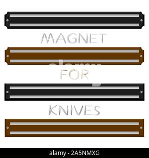 Illustration on theme big colored set different types magnets different size for knives. Magnet pattern consisting of collection accessory to knives i Stock Vector