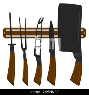 Illustration on theme big colored set different types knives different size for butcher. Knife pattern consisting of collection accessory to butcher i Stock Vector