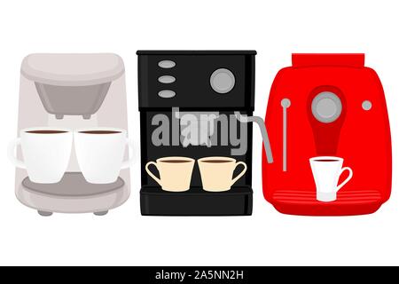 Illustration on theme big colored set different types coffee machine, different size makers. Coffee machine pattern consisting of collection accessory Stock Vector
