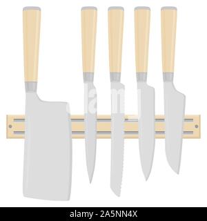 Illustration on theme big colored set different types knives different size for butcher. Knife pattern consisting of collection accessory to butcher i Stock Vector