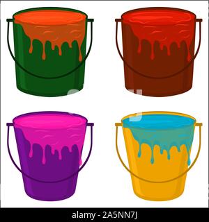 Illustration on theme big colored set different types plastic buckets, various size pails paint. Bucket consisting of collection accessory to paint fr Stock Vector