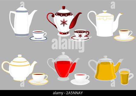 Illustration on theme big colored set different types teapots, different size kettles. Teapot pattern consisting of collection accessory to kettle in Stock Vector