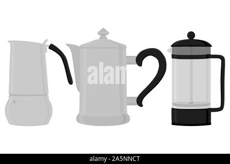 Illustration on theme big colored set different types coffee pots, different size kettles. Coffee pot pattern consisting of collection accessory to ke Stock Vector