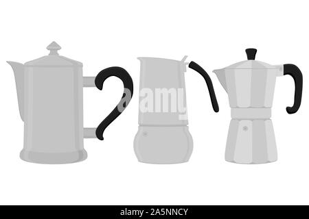 Illustration on theme big colored set different types coffee pots, different size kettles. Coffee pot pattern consisting of collection accessory to ke Stock Vector