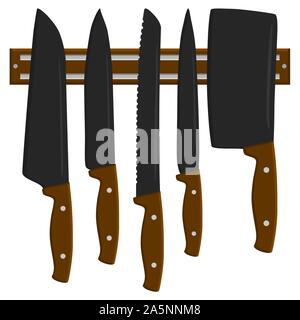 Illustration on theme big colored set different types knives different size for butcher. Knife pattern consisting of collection accessory to butcher i Stock Vector