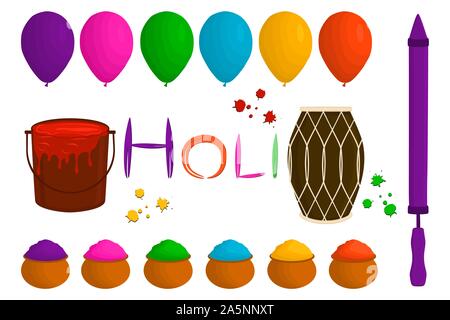 Illustration on theme big set different types colorful balloons, powder for Holi. Balloon pattern consisting of collection accessory powder to holi fe Stock Vector