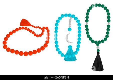 Illustration on theme big colored set different types of beads for rosary with tassel. Bead pattern consisting of collection accessory beautiful rosar Stock Vector