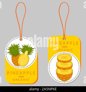 Illustration on theme big set different types yellow tropical pineapple, green stem various size. Pineapple pattern consisting of collection tropical Stock Vector